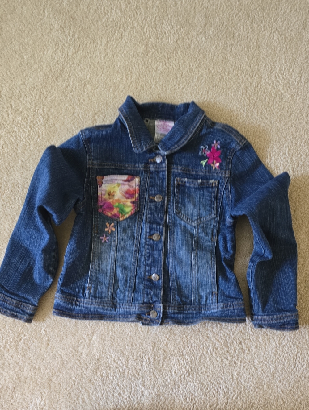 Disney Blue Denim Jacket with Multicolor Floral Accents